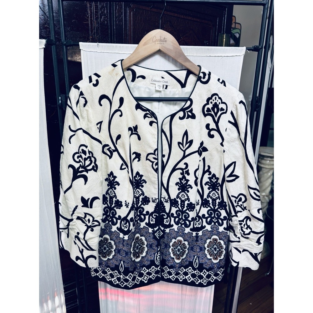 Coldwater Creek Jacket Womens 14 Gray Floral Embroidered Collarless Lined Linen